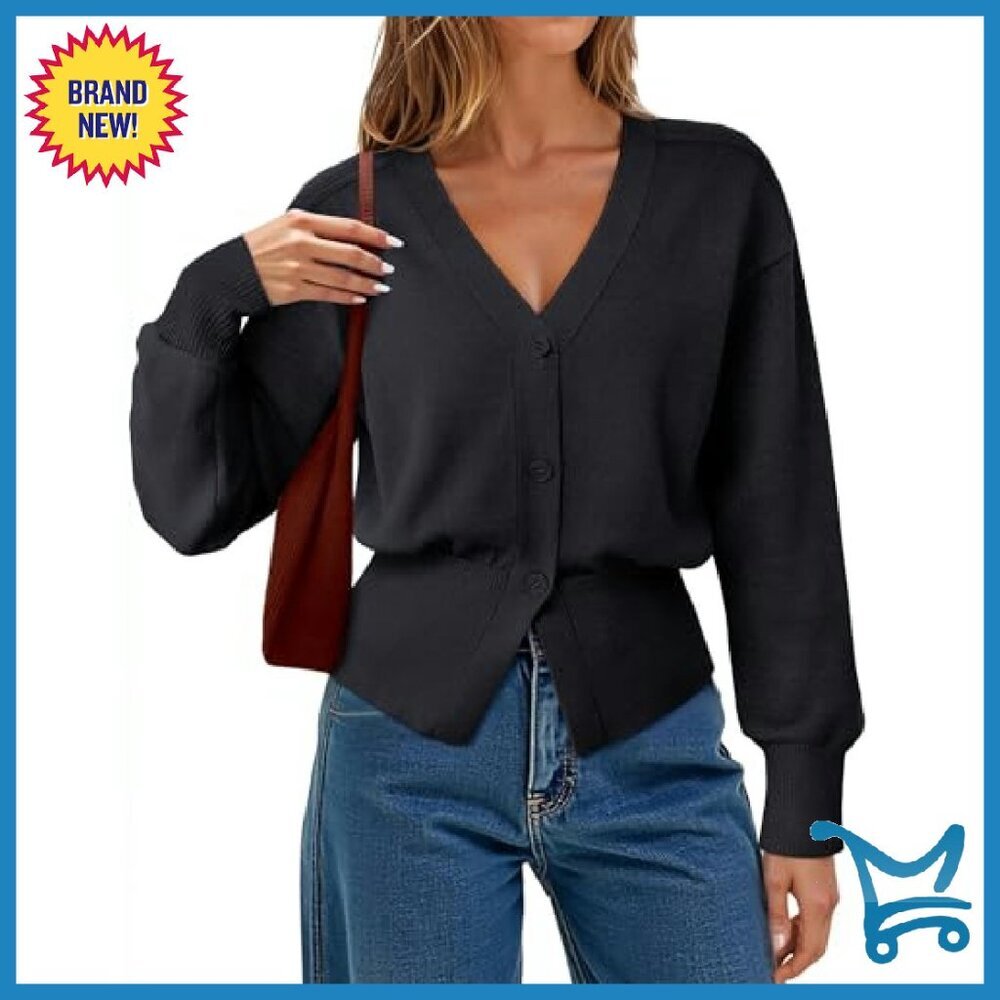 Long Sleeve V-Neck Peplum Cardigan Sweater Open Front Knitted - Picture 2 of 8
